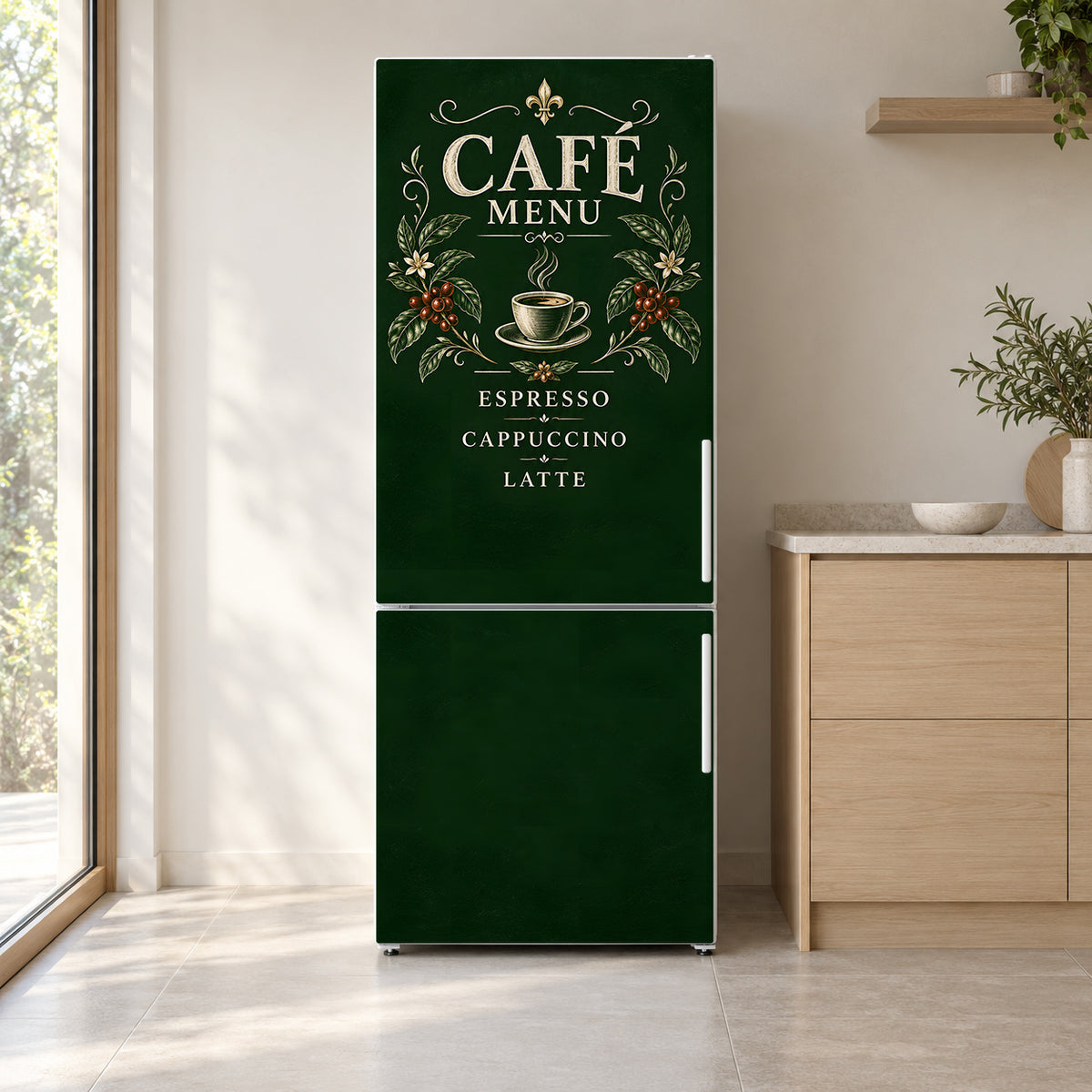 Cafe Menu Board fridge wrap on a white refrigerator in a bright kitchen