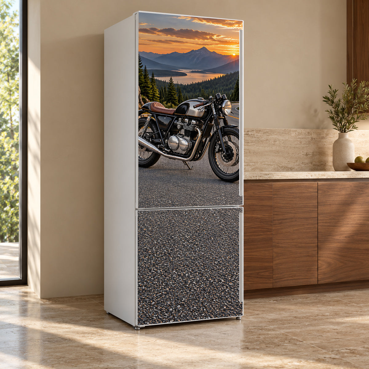 Cafe Racer Motorcycle fridge wrap, refrigerator shown at an angle