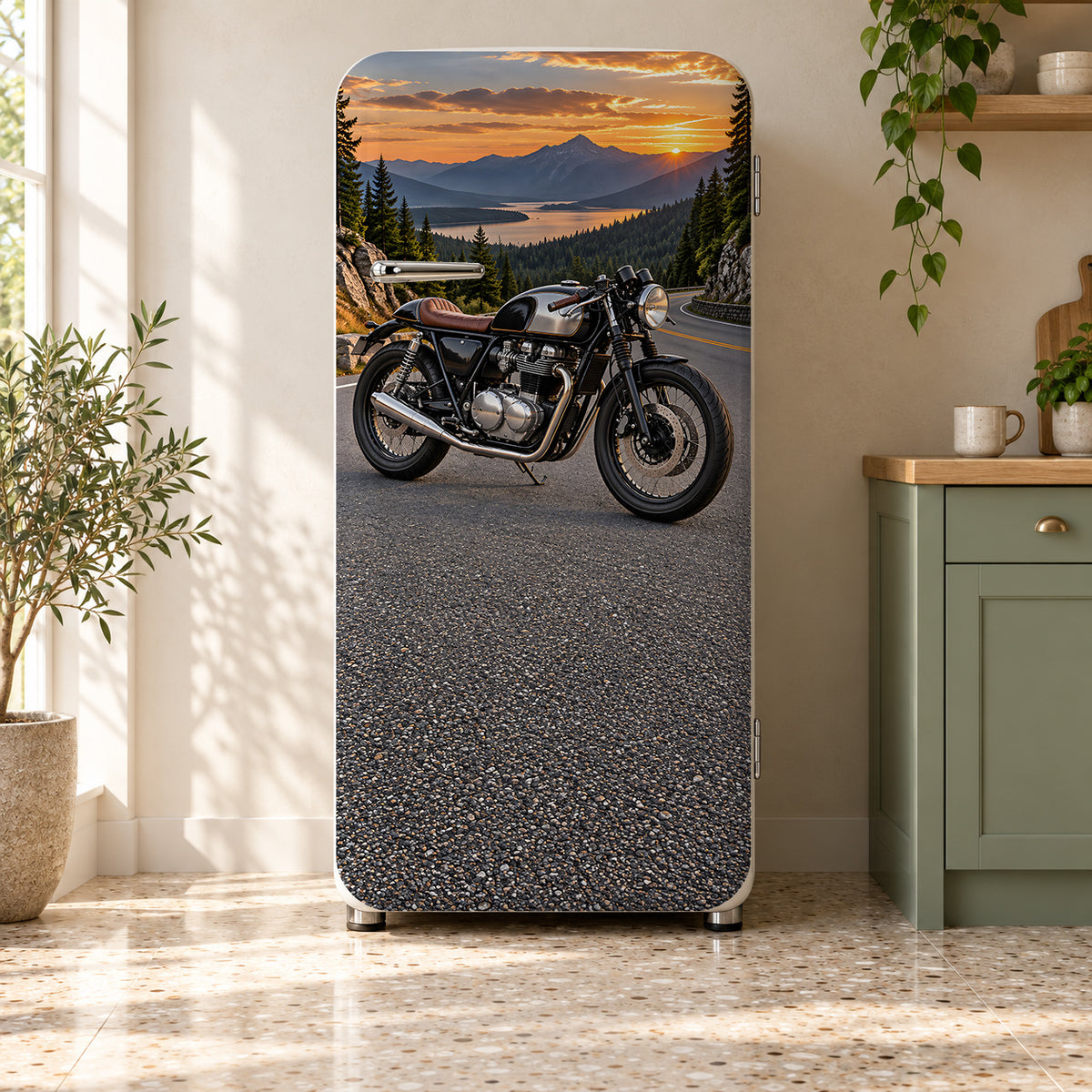 Cafe Racer Motorcycle fridge wrap on a retro refrigerator