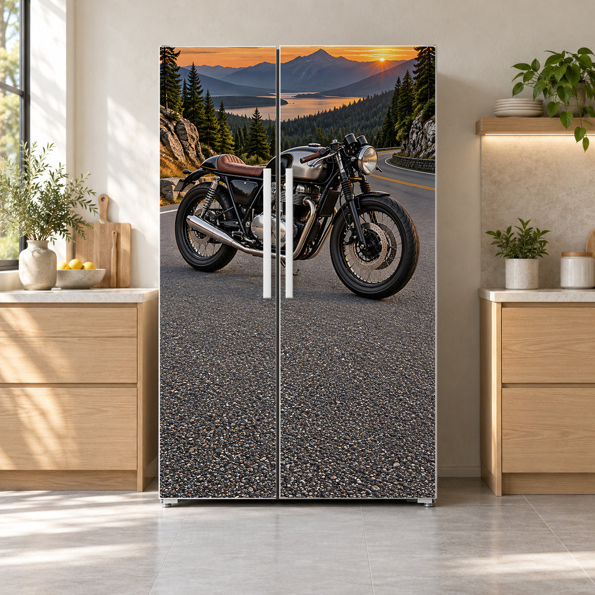 Cafe Racer Motorcycle fridge wrap on a side-by-side refrigerator