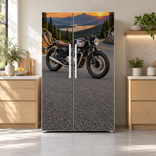 Cafe Racer Motorcycle fridge wrap on a side-by-side refrigerator
