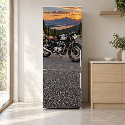 Cafe Racer Motorcycle fridge wrap on a white refrigerator in a bright kitchen