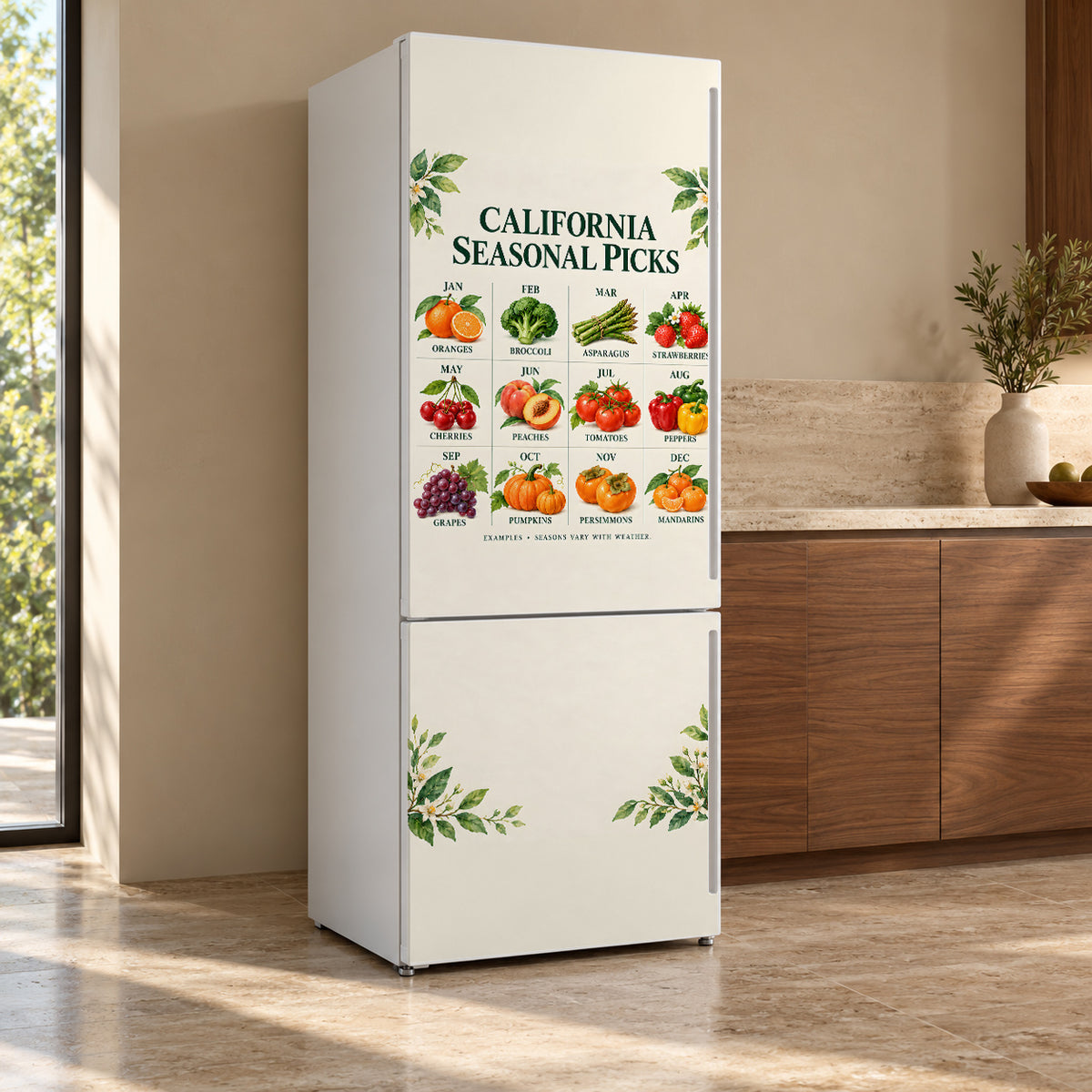 California Seasonal Produce Guide fridge wrap, refrigerator shown at an angle