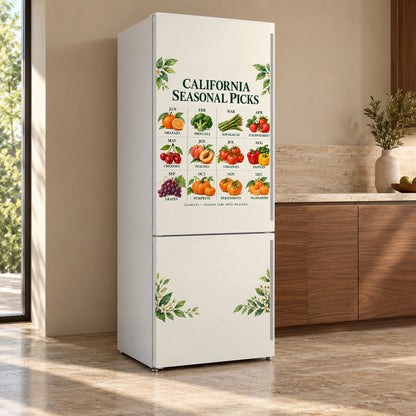 California Seasonal Produce Guide fridge wrap, refrigerator shown at an angle