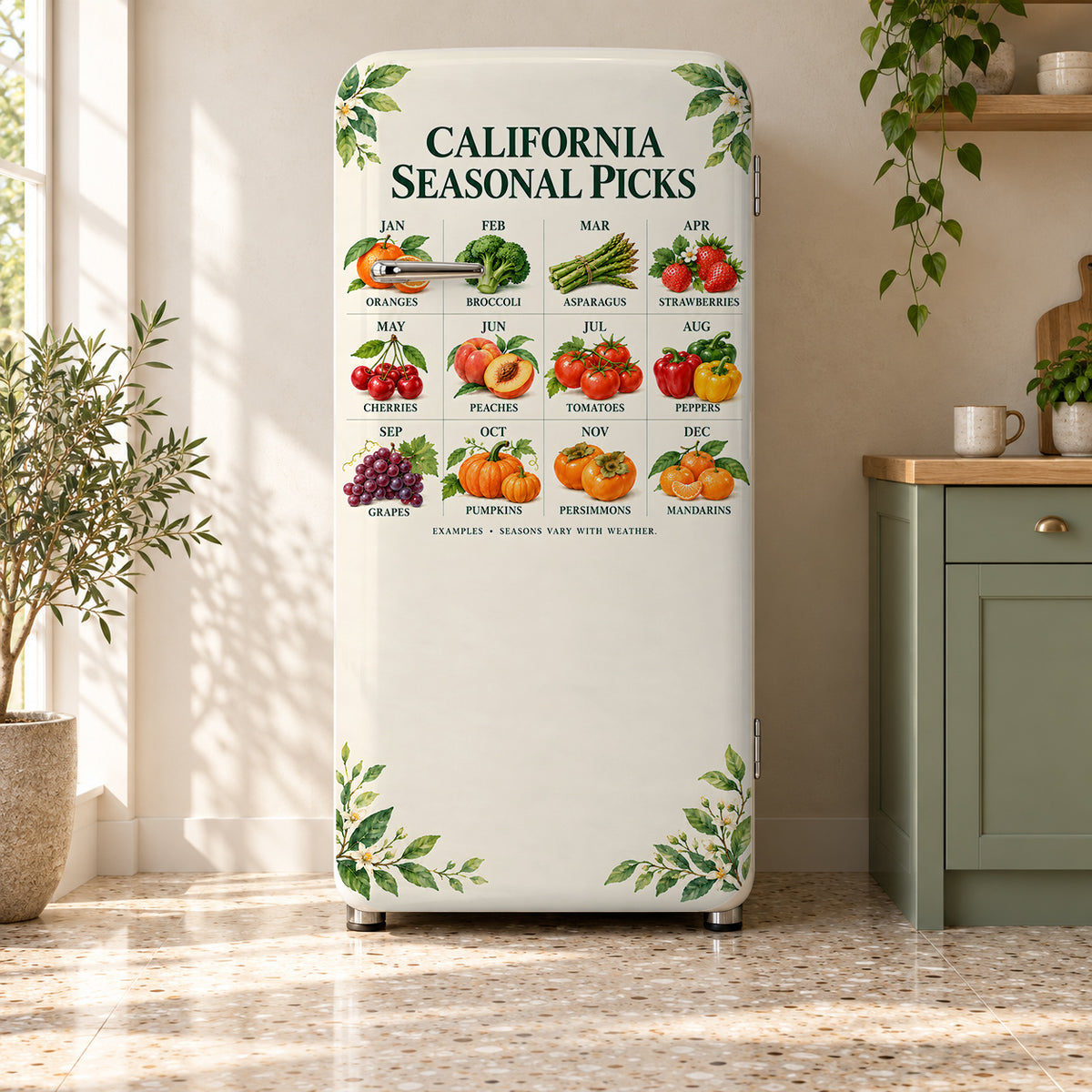 California Seasonal Produce Guide fridge wrap on a retro refrigerator