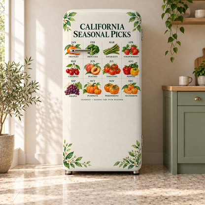 California Seasonal Produce Guide fridge wrap on a retro refrigerator