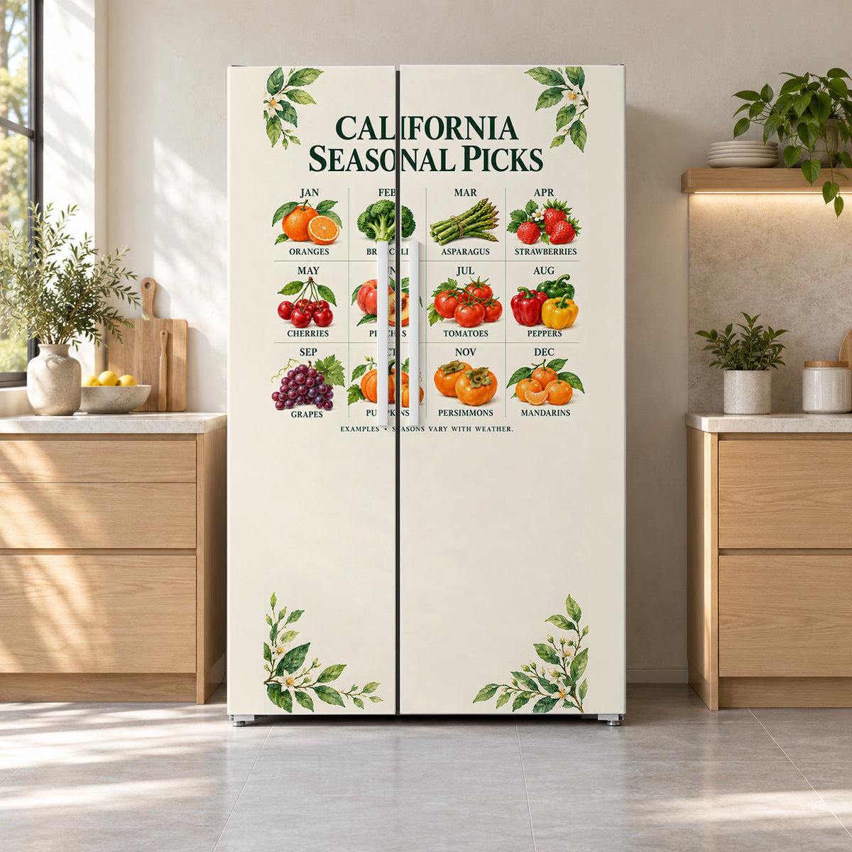 California Seasonal Produce Guide fridge wrap on a side-by-side refrigerator