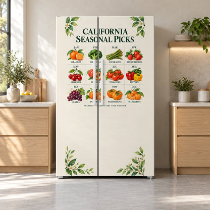 California Seasonal Produce Guide fridge wrap on a side-by-side refrigerator