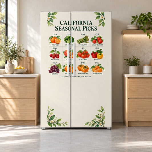 California Seasonal Produce Guide fridge wrap on a side-by-side refrigerator