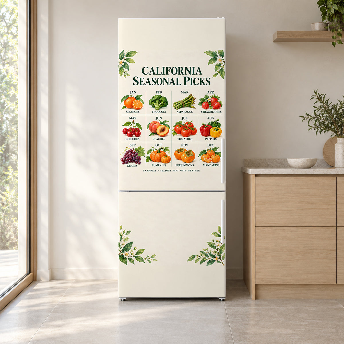 California Seasonal Produce Guide fridge wrap on a white refrigerator in a bright kitchen