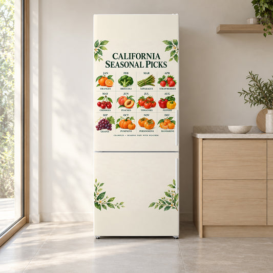 California Seasonal Produce Guide fridge wrap on a white refrigerator in a bright kitchen