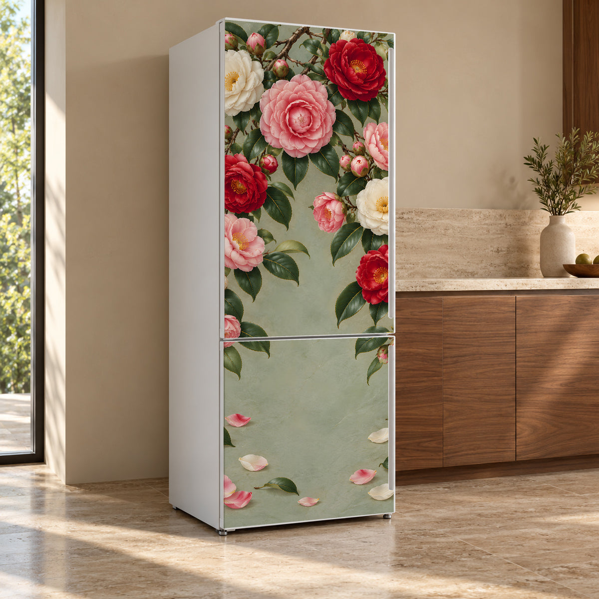Camellias fridge wrap, refrigerator shown at an angle