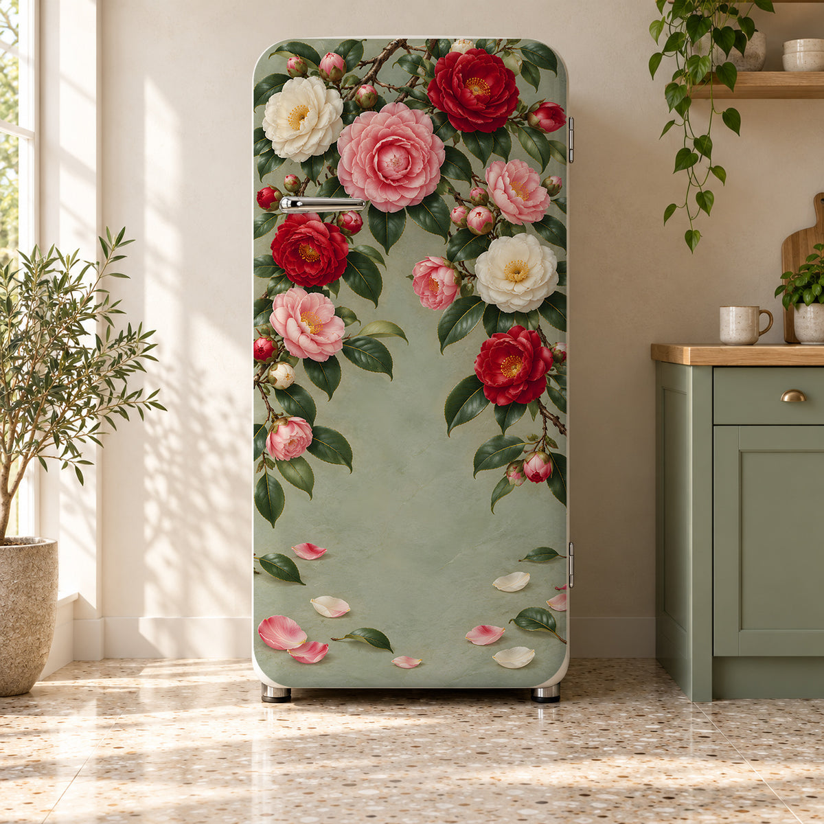 Camellias fridge wrap on a retro refrigerator