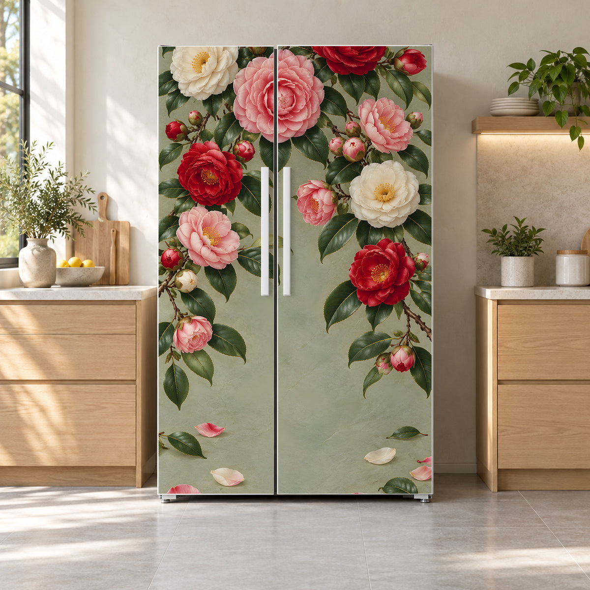 Camellias fridge wrap on a side-by-side refrigerator