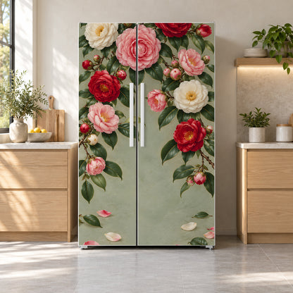 Camellias fridge wrap on a side-by-side refrigerator
