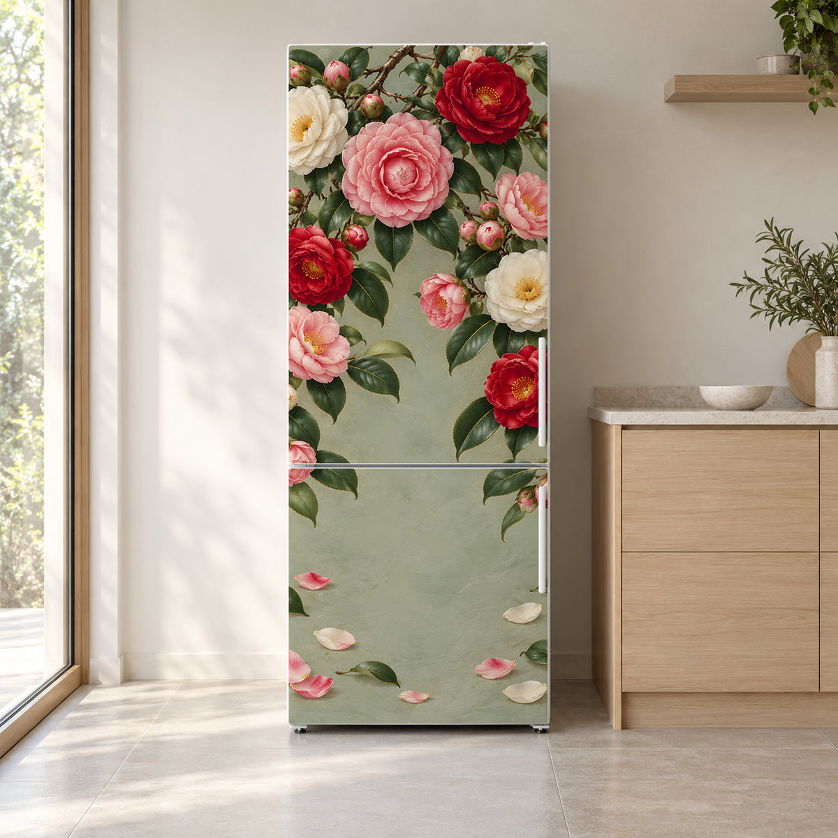 Camellias fridge wrap on a white refrigerator in a bright kitchen