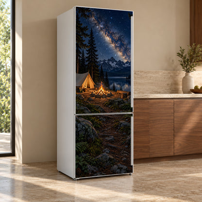 Campfire Under the Stars fridge wrap, refrigerator shown at an angle
