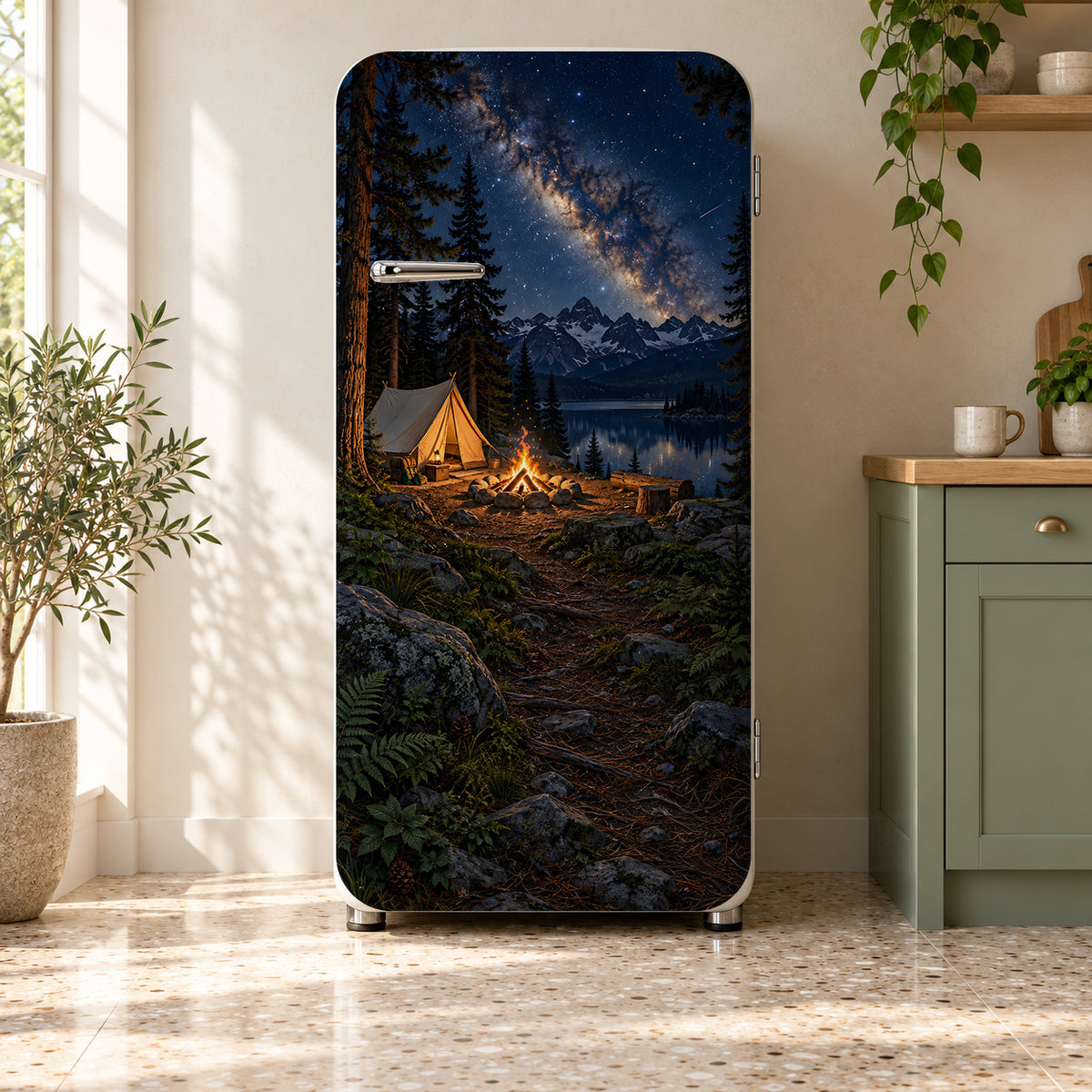Campfire Under the Stars fridge wrap on a retro refrigerator