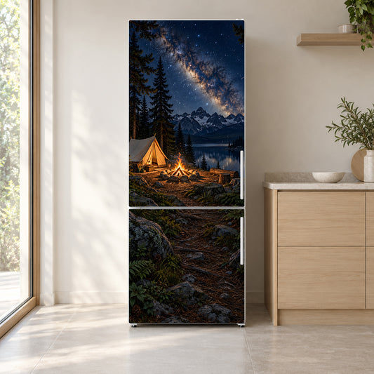 Campfire Under the Stars fridge wrap on a white refrigerator in a bright kitchen