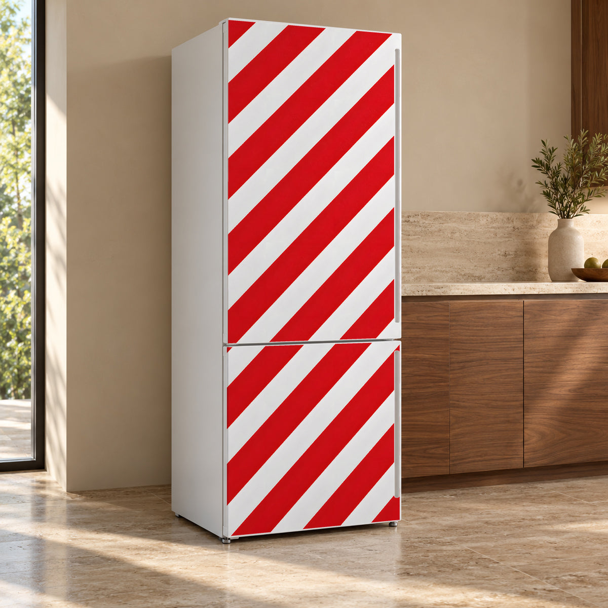Candy Cane Stripes fridge wrap, refrigerator shown at an angle