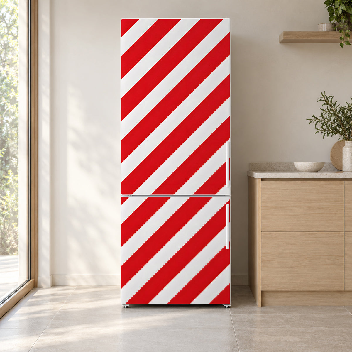 Candy Cane Stripes fridge wrap on a white refrigerator in a bright kitchen