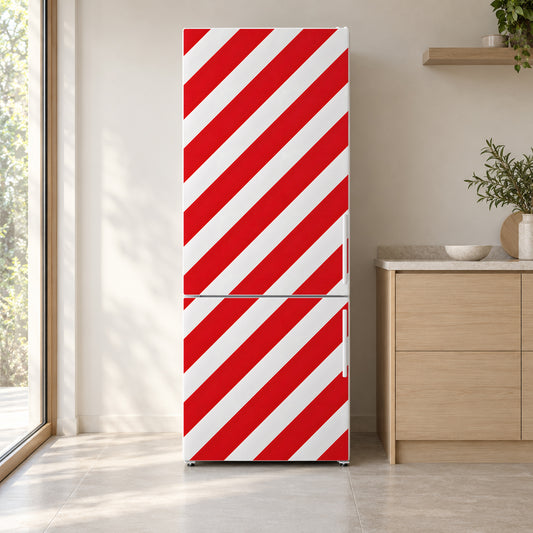 Candy Cane Stripes fridge wrap on a white refrigerator in a bright kitchen