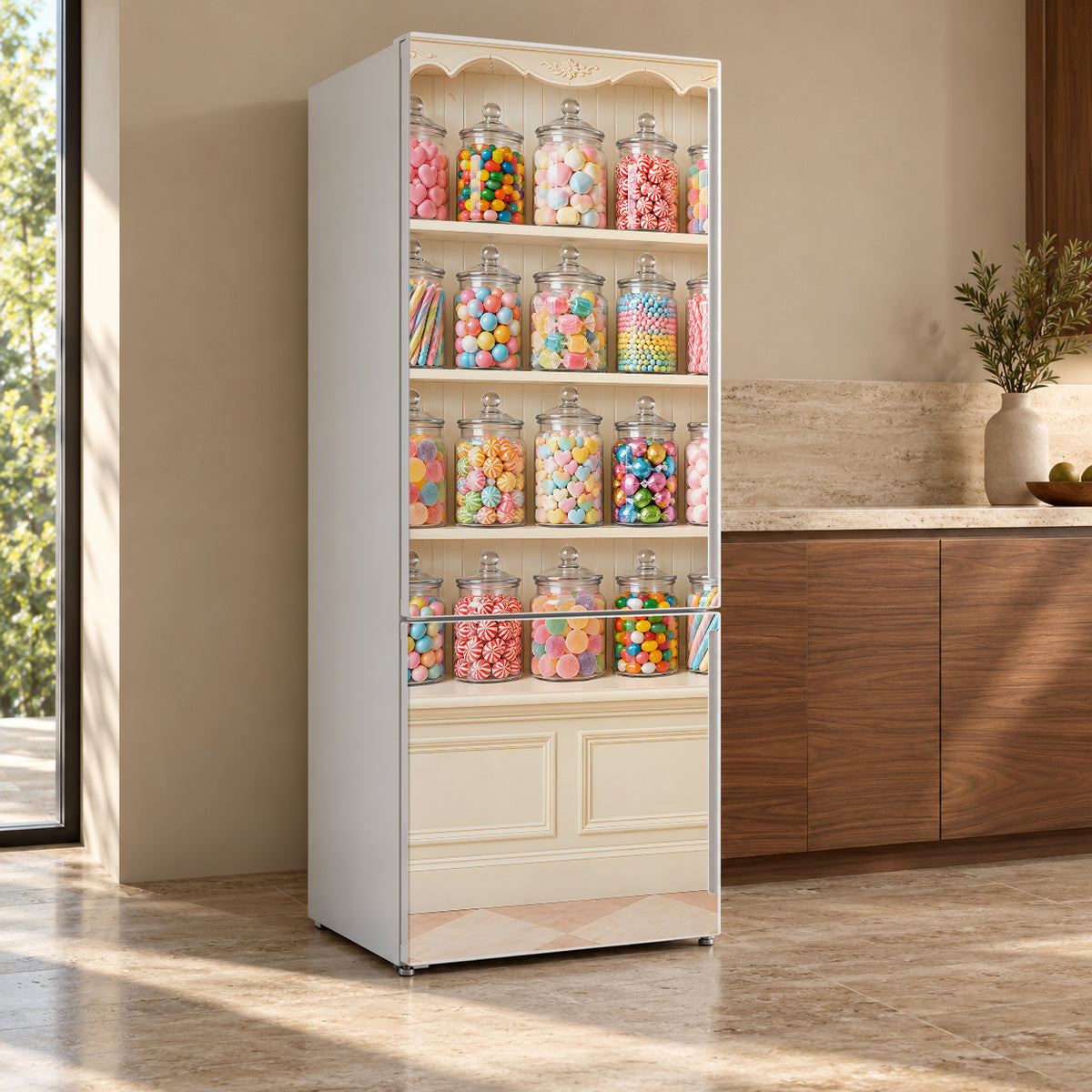 Candy Shop Jars fridge wrap, refrigerator shown at an angle