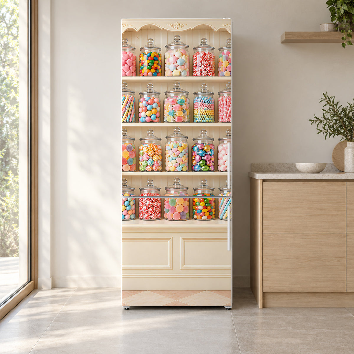 Candy Shop Jars fridge wrap on a white refrigerator in a bright kitchen
