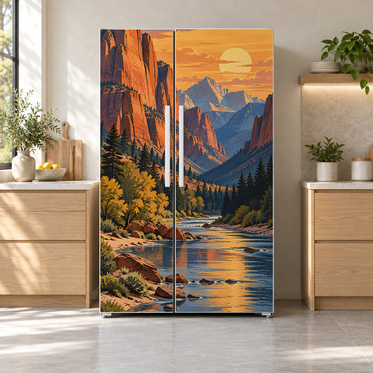 Canyon River Sunset fridge wrap on a side-by-side refrigerator