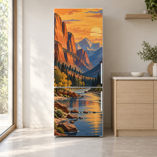 Canyon River Sunset fridge wrap on a white refrigerator in a bright kitchen