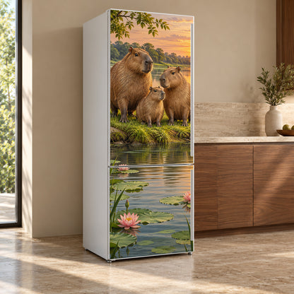 Capybaras fridge wrap, refrigerator shown at an angle