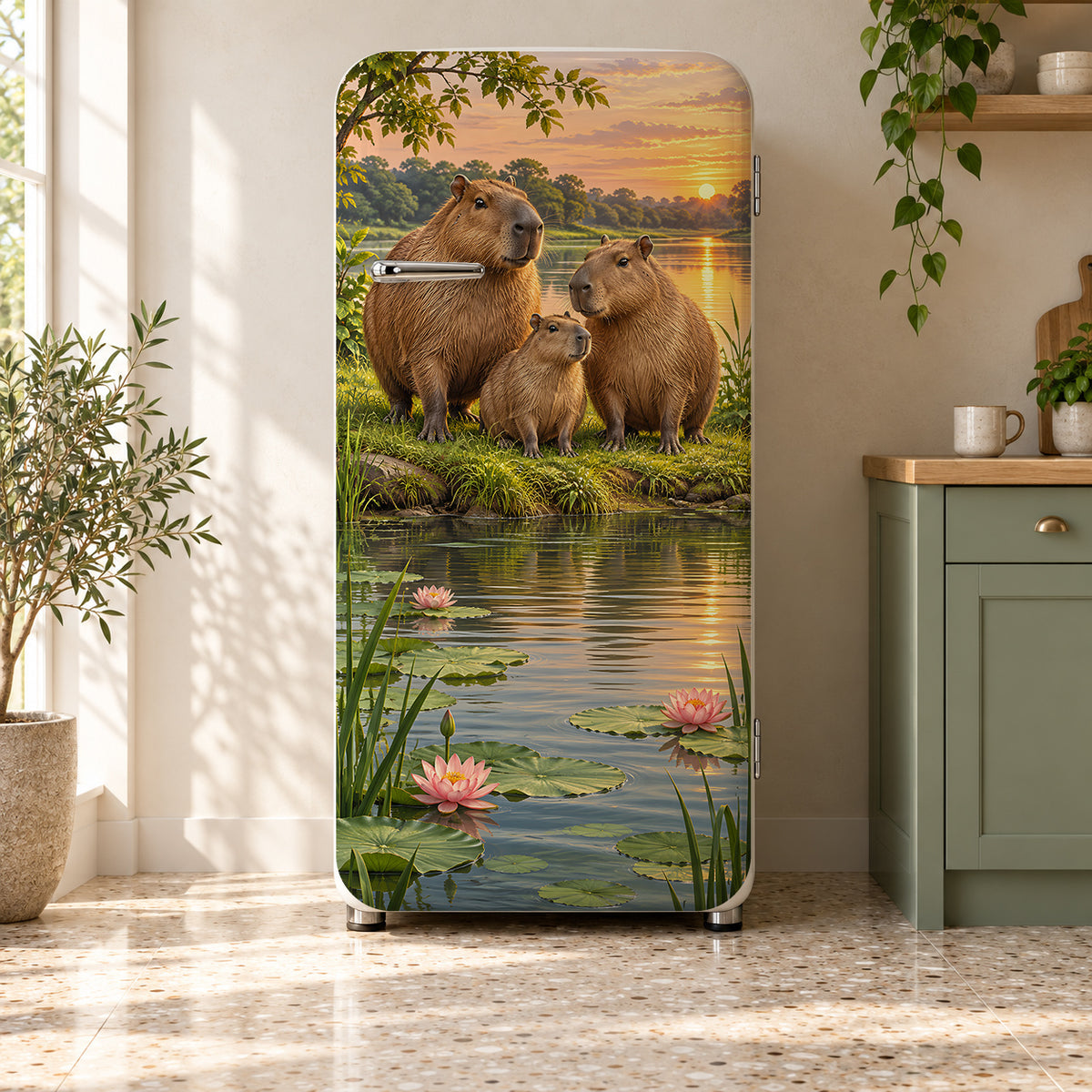 Capybaras fridge wrap on a retro refrigerator