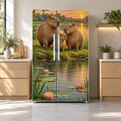 Capybaras fridge wrap on a side-by-side refrigerator