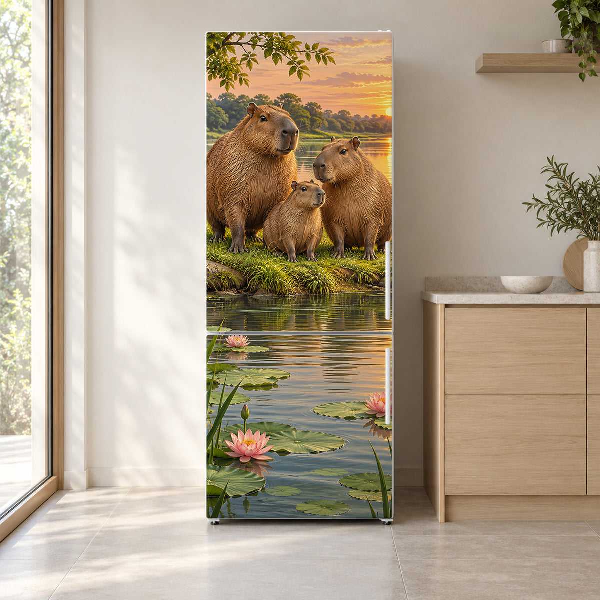 Capybaras fridge wrap on a white refrigerator in a bright kitchen