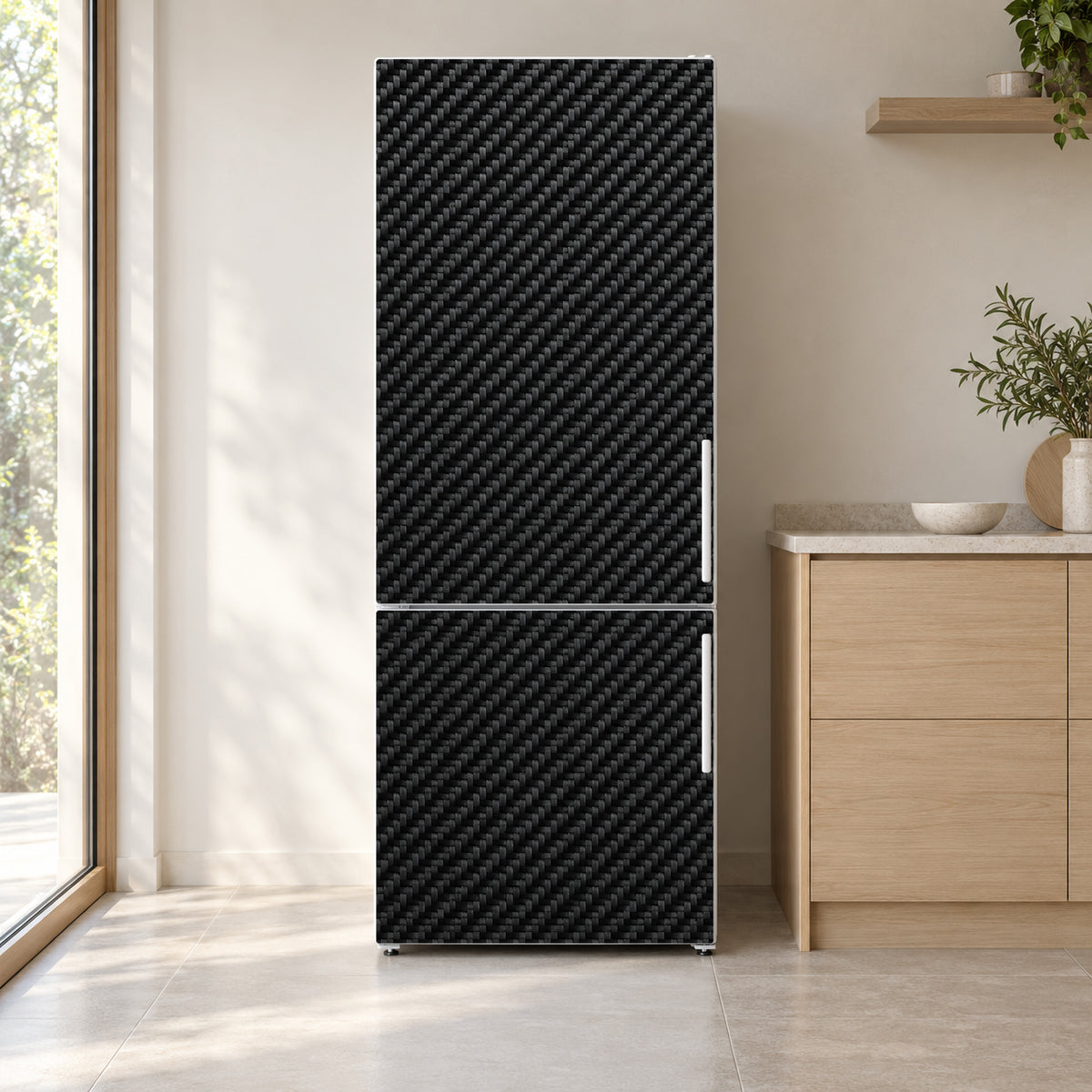 Carbon Fiber Look fridge wrap on a white refrigerator in a bright kitchen