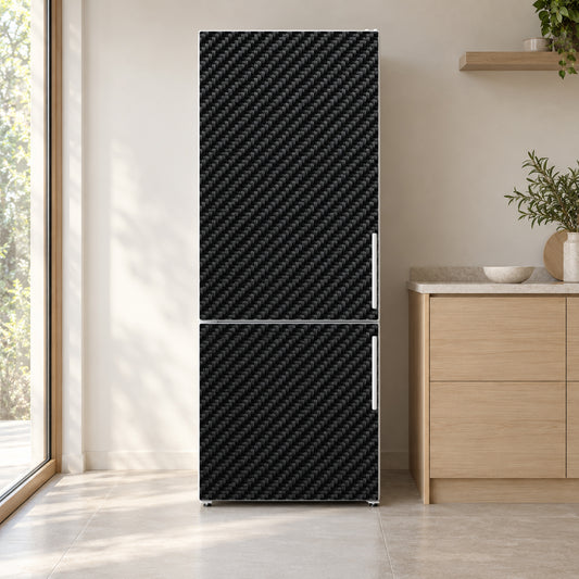 Carbon Fiber Look fridge wrap on a white refrigerator in a bright kitchen