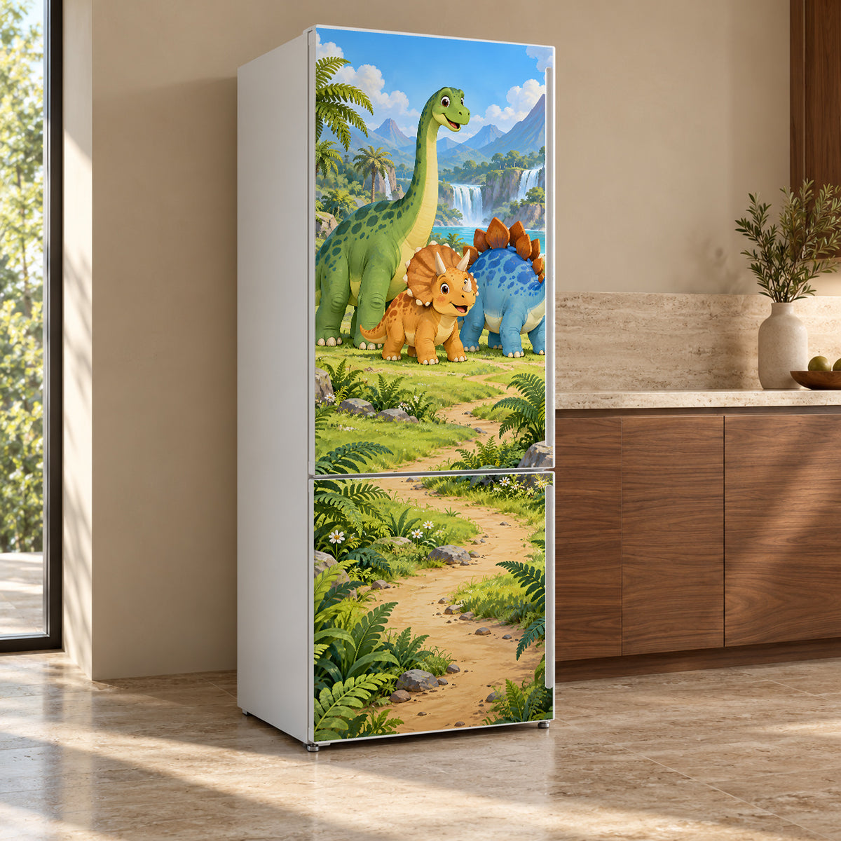 Cartoon Dinosaurs fridge wrap, refrigerator shown at an angle