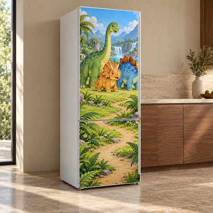 Cartoon Dinosaurs fridge wrap, refrigerator shown at an angle