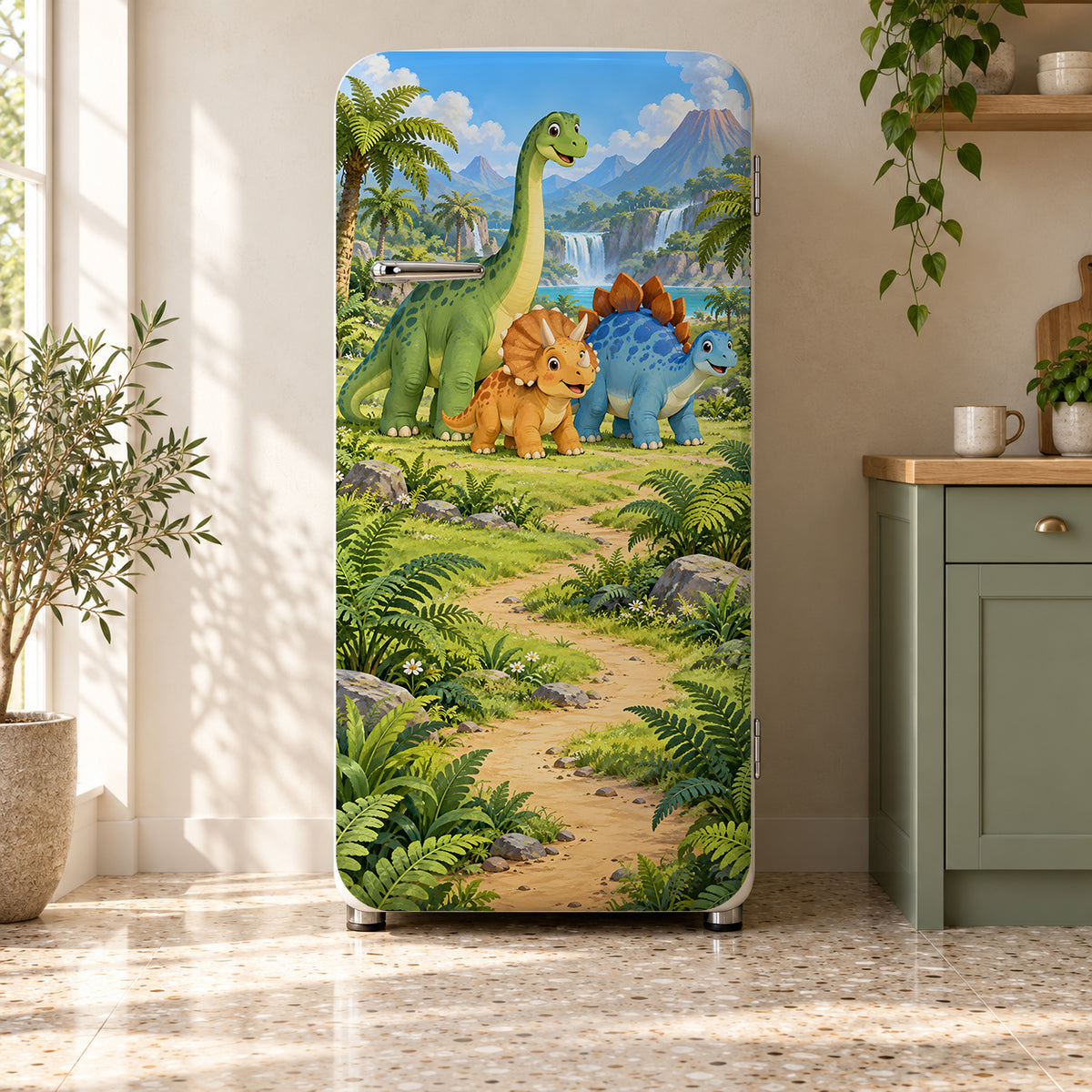 Cartoon Dinosaurs fridge wrap on a retro refrigerator