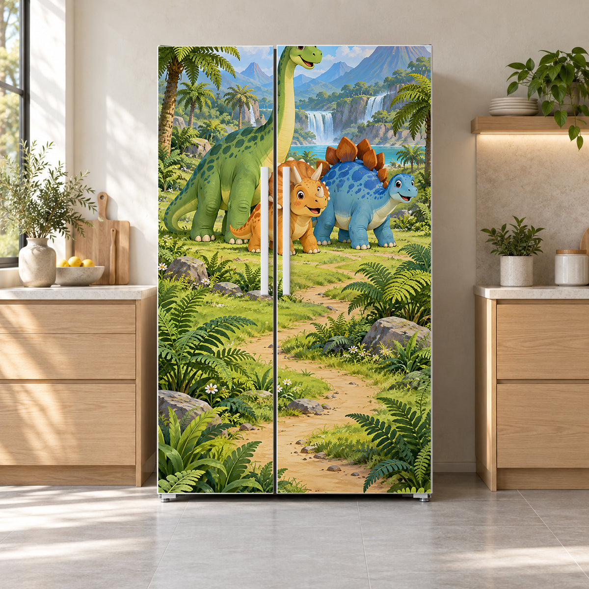 Cartoon Dinosaurs fridge wrap on a side-by-side refrigerator