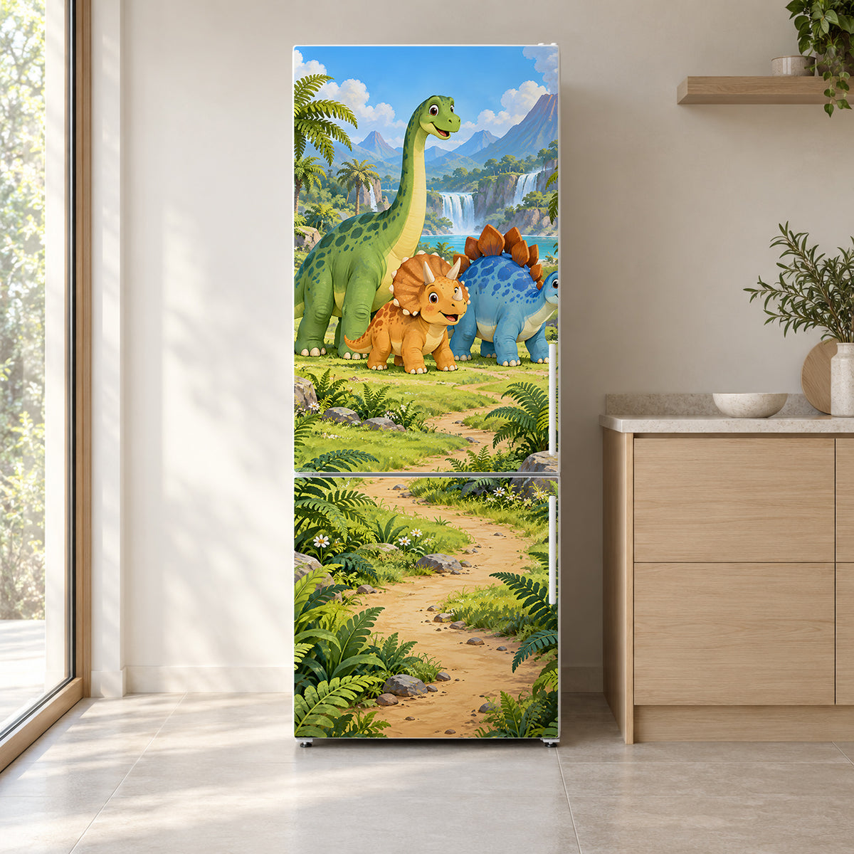 Cartoon Dinosaurs fridge wrap on a white refrigerator in a bright kitchen