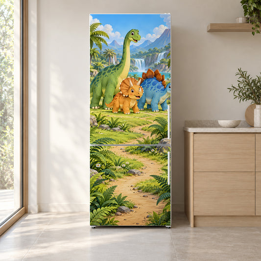 Cartoon Dinosaurs fridge wrap on a white refrigerator in a bright kitchen