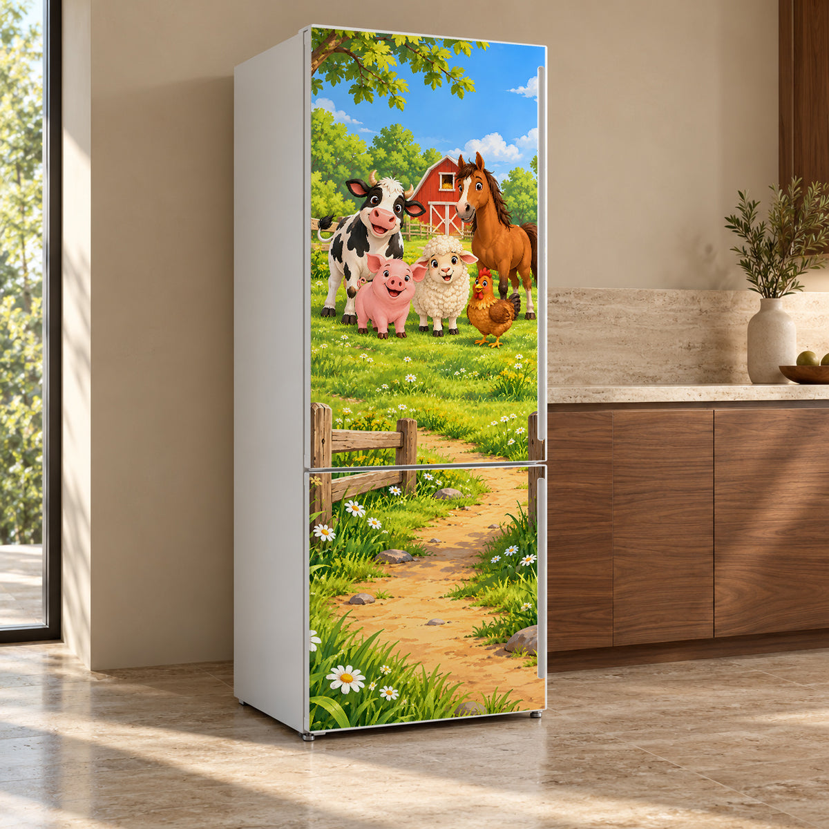 Cartoon Farm Animals fridge wrap, refrigerator shown at an angle