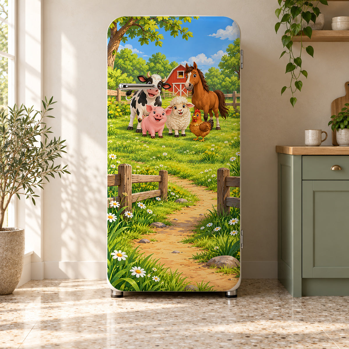 Cartoon Farm Animals fridge wrap on a retro refrigerator
