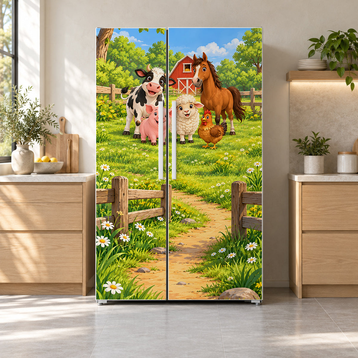 Cartoon Farm Animals fridge wrap on a side-by-side refrigerator