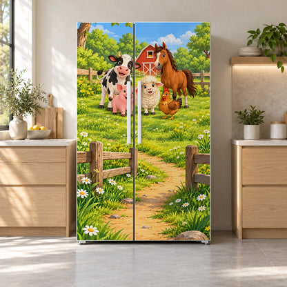 Cartoon Farm Animals fridge wrap on a side-by-side refrigerator
