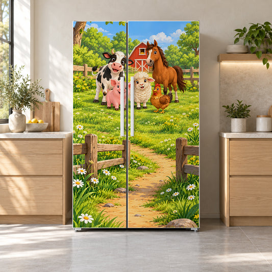 Cartoon Farm Animals fridge wrap on a side-by-side refrigerator