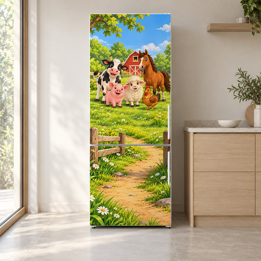 Cartoon Farm Animals fridge wrap on a white refrigerator in a bright kitchen
