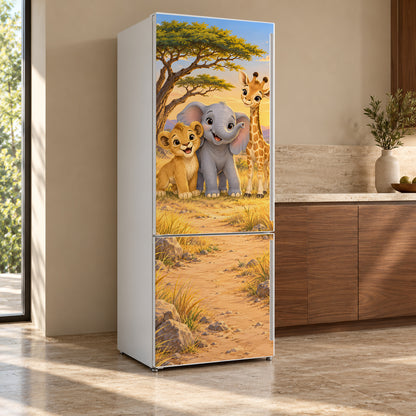 Cartoon Safari Friends fridge wrap, refrigerator shown at an angle