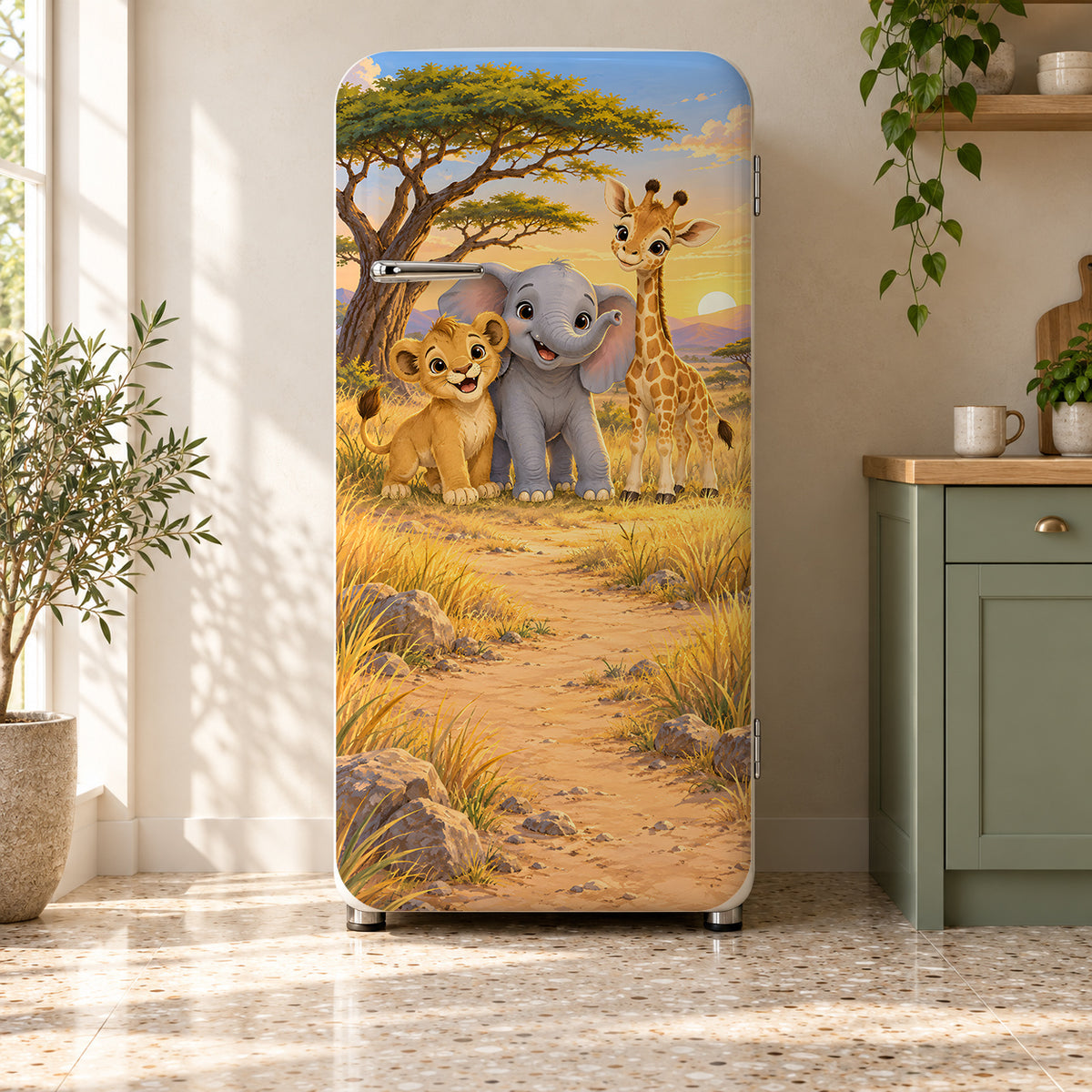 Cartoon Safari Friends fridge wrap on a retro refrigerator
